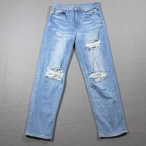 American Eagle Mom Jeans Women 6 Blue Distressed Straight‎ Leg High Rise Casual